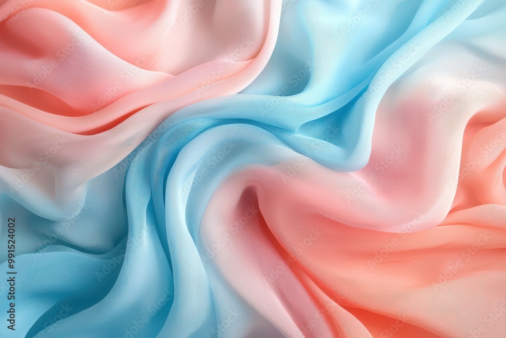 Poster abstract pastel pink, blue, and cream fabric pattern in soft flowing waves creating a soothing and e