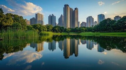 A reflection of a high-rise building in a nearby body of water, capturing the interplay of architecture and nature in the heart of the city.
