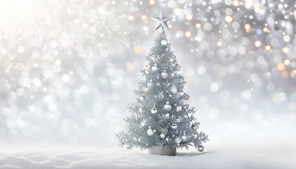 Silver Christmas Tree with Silver Star and Baubles Glowing Softly in a Festive Bokeh Background, Accented with Glittering Silver in a Warm, Wintry Scene. Made with Generative AI Technology