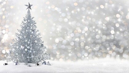 Silver Christmas Tree with Silver Star and Baubles Glowing Softly in a Festive Bokeh Background, Accented with Glittering Silver in a Warm, Wintry Scene. Made with Generative AI Technology