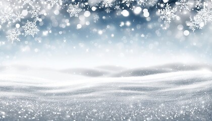 Silver Sparkling Snowflakes Falling Gently over a snowy landscape, with a dreamy background of softly blurred Christmas lights and twinkling stars in the night sky. Made with Generative AI Technology