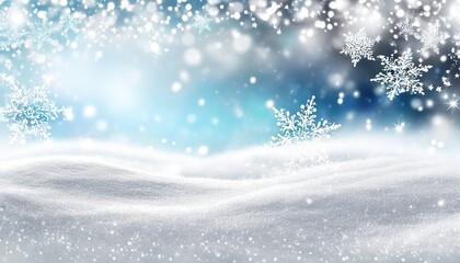 Silver Sparkling Snowflakes Falling Gently over a snowy landscape, with a dreamy background of softly blurred Christmas lights and twinkling stars in the night sky. Made with Generative AI Technology