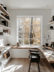 Fototapeta premium A workspace with white walls, a wooden desk, an ergonomic chair, and wall-mounted shelves for storage. A large window provides ample natural light for working
