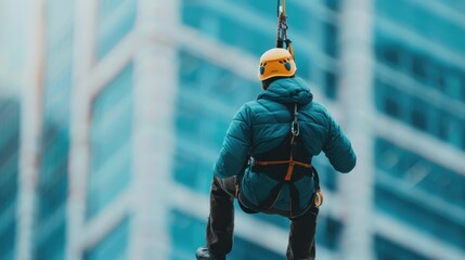 A worker wearing a safety harness and helmet is suspended in front of a high-rise building, emphasizing safety and urban construction work.