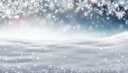 Silver Sparkling Snowflakes Falling Gently over a snowy landscape, with a dreamy background of softly blurred Christmas lights and twinkling stars in the night sky. Made with Generative AI Technology