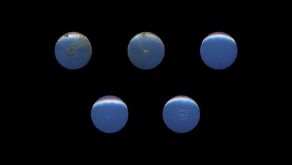 a set of blue aged circles, rusty stationery tacks, front view, isolated metal push rounded pins on black background