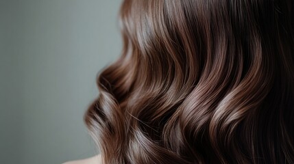 Fototapeta premium Close-up of a woman long, wavy hair cascading over her shoulders, with a plain background providing room for copy space on the right.