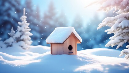 Snow-Covered Birdhouse with a cozy cabin and a softly glowing background. Made with Generative AI Technology
