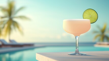 A serene outdoor setting with a frozen margarita on a table, garnished with a lime wheel, overlooking a tranquil pool under the bright sun.