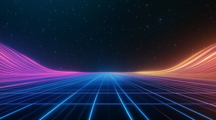 A vibrant retro landscape with neon lines and a starry sky, perfect for futuristic and digital themes.