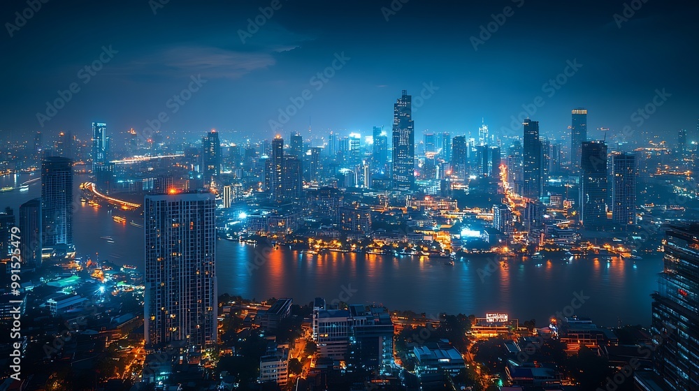 Poster smart network and connection technology concept with bangkok city background at night in thailand pa