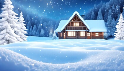 Snow-Covered Cabin with a cozy glow from the windows and holiday decorations. Made with Generative AI Technology