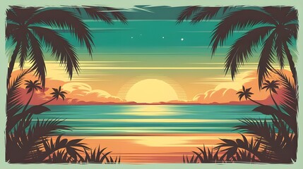 Fototapeta premium Tropical Sunset Beach Palm Trees Silhouette