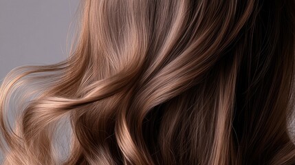 Naklejka premium Close-up of a woman long, wavy hair cascading over her shoulders, with a plain background providing room for copy space on the right.