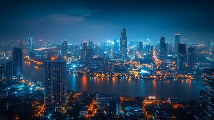 Smart network and Connection technology concept with Bangkok city background at night in Thailand Panorama view : Generative AI
