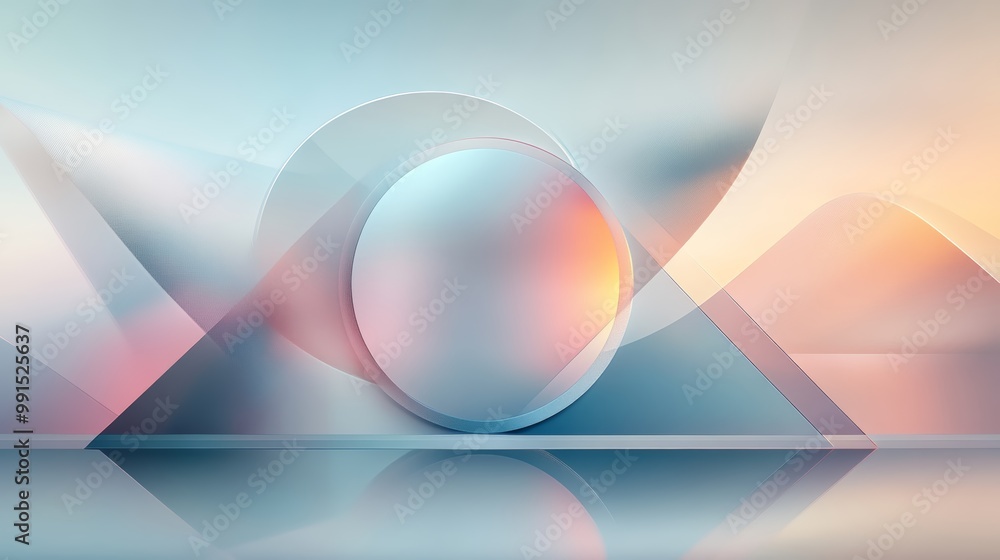 Poster abstract design featuring a colorful sphere and geometric shapes in soft hues, creating a serene and