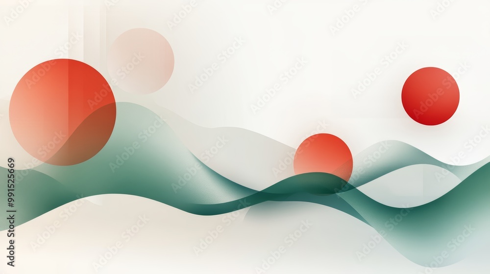 Poster abstract design featuring soft waves and red circles, creating a modern artistic composition for var