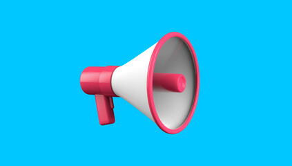 3D rendering, Close up red and white Megaphone speaker, sound icon and symbol design, isolated on blue background.