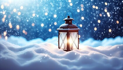 Snow-Covered Lantern with a soft glow and a background of twinkling holiday lights. Made with Generative AI Technology