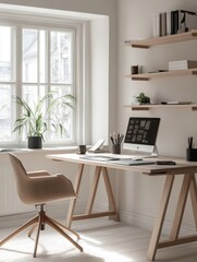 Fototapeta premium A workspace with white walls, a wooden desk, an ergonomic chair, and wall-mounted shelves for storage. A large window provides ample natural light for working