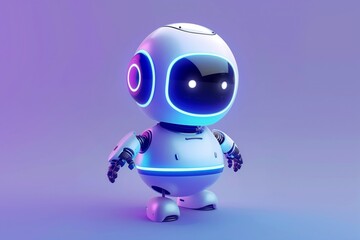 A robot with blue eyes stands on a purple background