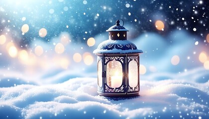 Snow-Covered Lantern with a soft glow and a background of twinkling holiday lights. Made with Generative AI Technology