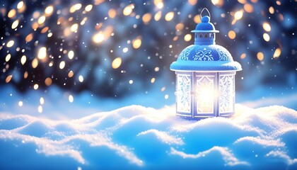 Snow-Covered Lantern with a soft glow and a background of twinkling holiday lights. Made with Generative AI Technology