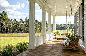 Fototapeta premium A large front porch with white trim, a hanging swing and seating area on the right side of it, and natural wood flooring.