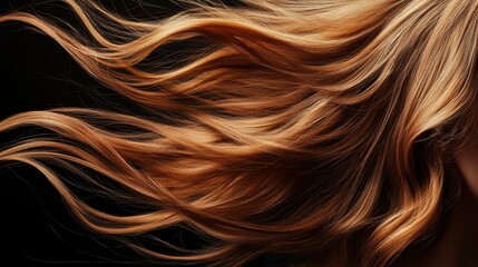 Fototapeta premium Close-up of a woman long, wavy hair flowing in the wind, with ample copy space on the right side.