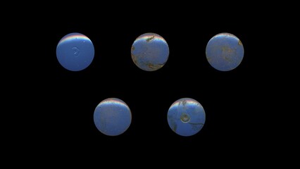 a set of blue aged circles, rusty stationery tacks, front view, isolated metal push rounded pins on black background