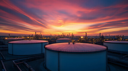 Oil tanks in a refinery at sunset