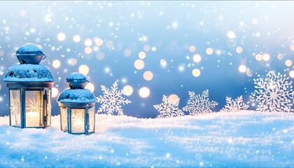 Snow-Covered Lantern with a warm glow and a backdrop of twinkling holiday lights. Made with Generative AI Technology