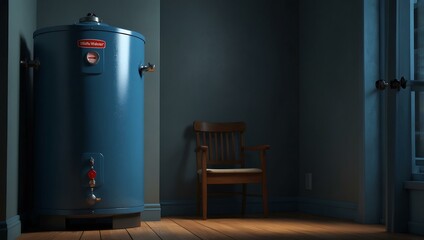 3D illustration of a blue water heater in a dimly lit room.