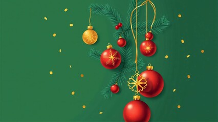 A deep green background with red and gold decorations, Christmas ornaments, illuminated lights, pine trees, and berry fruits placed
深い緑色の背景に赤とゴールドの装飾やクリスマスオーナメントとイルミネーションライトや松の木、ベリーの実がおかれている