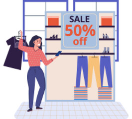 Discount, special offers promotion shopping advertisement. Woman with smartphone chooses garment in online boutique. Gitl with phone looks at clothes in store. Customer buying with digital gadget