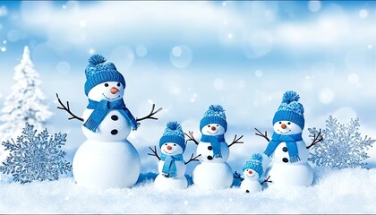 Snowman Family with scarves and hats in a snowy yard. Made with Generative AI Technology