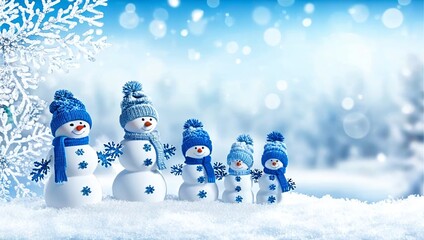 Snowman Family with scarves and hats in a snowy yard. Made with Generative AI Technology