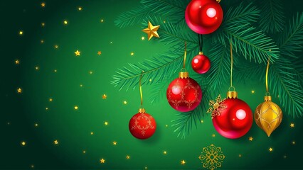 A deep green background with red and gold decorations, Christmas ornaments, illuminated lights, pine trees, and berry fruits placed
深い緑色の背景に赤とゴールドの装飾やクリスマスオーナメントとイルミネーションライトや松の木、ベリーの実がおかれている
