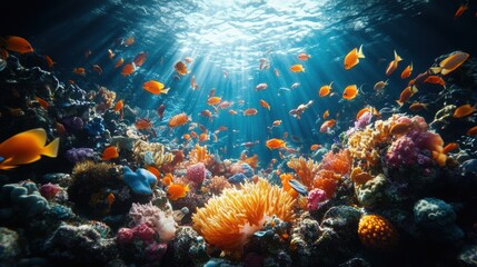 Obraz premium Vibrant coral reef with colorful fish swimming in clear ocean waters.