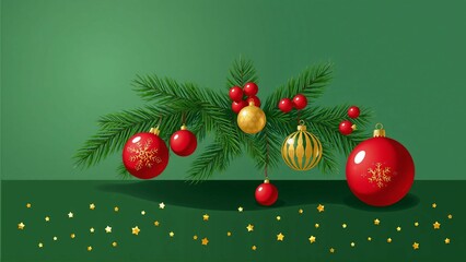 Naklejka premium A deep green background with red and gold decorations, Christmas ornaments, illuminated lights, pine trees, and berry fruits placed 深い緑色の背景に赤とゴールドの装飾やクリスマスオーナメントとイルミネーションライトや松の木、ベリーの実がおかれている 