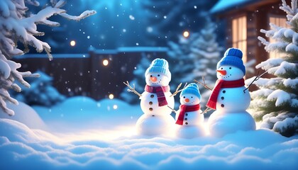 Snowman Family with scarves and hats, standing in a snowy yard with twinkling lights. Made with Generative AI Technology