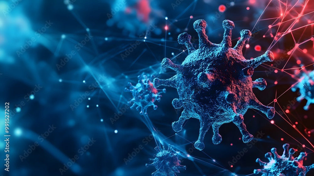 Poster 3d render of a coronavirus particle connected by network lines