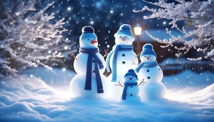 Snowman Family with scarves and hats, standing in a snowy yard with twinkling lights. Made with Generative AI Technology