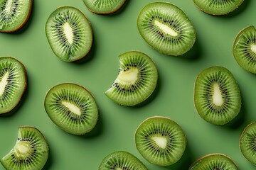 Kiwi Delight: A vibrant flat lay showcasing juicy kiwi slices arranged on a sage green background.  The refreshing image is perfect for food blogs, health websites, and culinary projects.