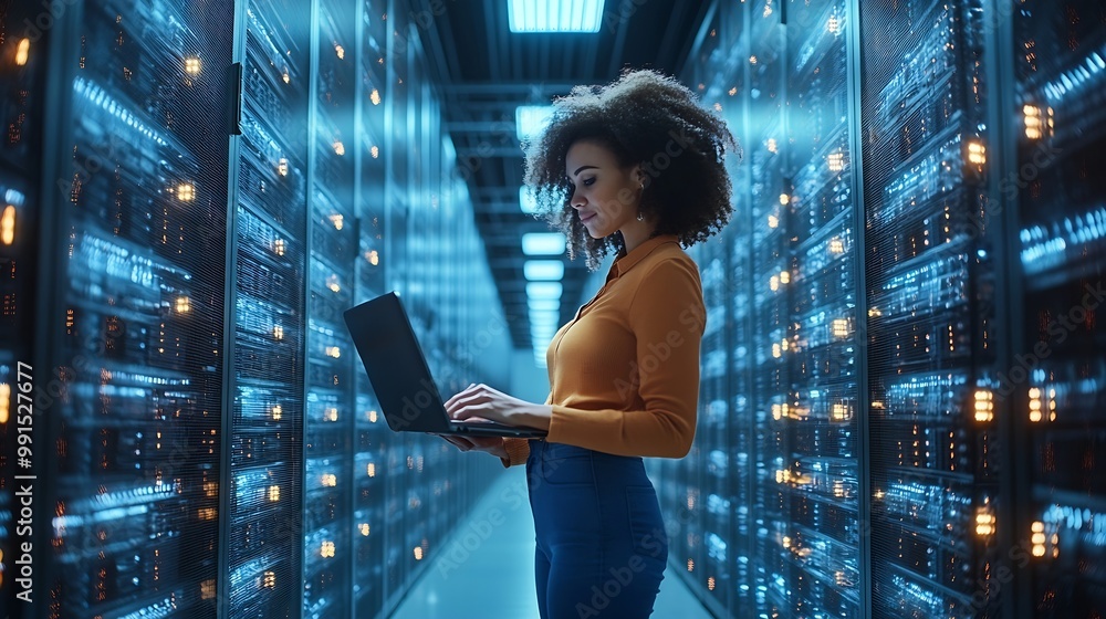 Fototapete 3D Graphics Concept Big Data Center Female Chief Technology Officer Using Laptop Standing In Warehouse Activates Servers Information Digitalization Starts SAAS Cloud Computing Web Serv : Generative AI