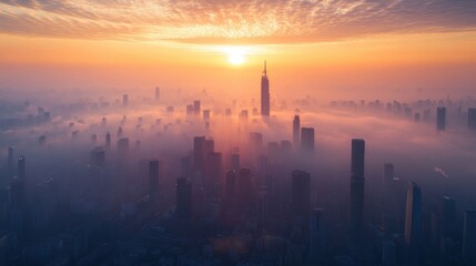 Stunning skyline at sunrise, with fog enveloping iconic skyscrapers.