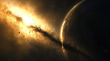 Obraz premium Show a distant star system being partially obscured by a massive cosmic body, with dramatic shadow play and light diffusion.