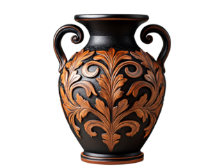 a black and orange vase with two handles