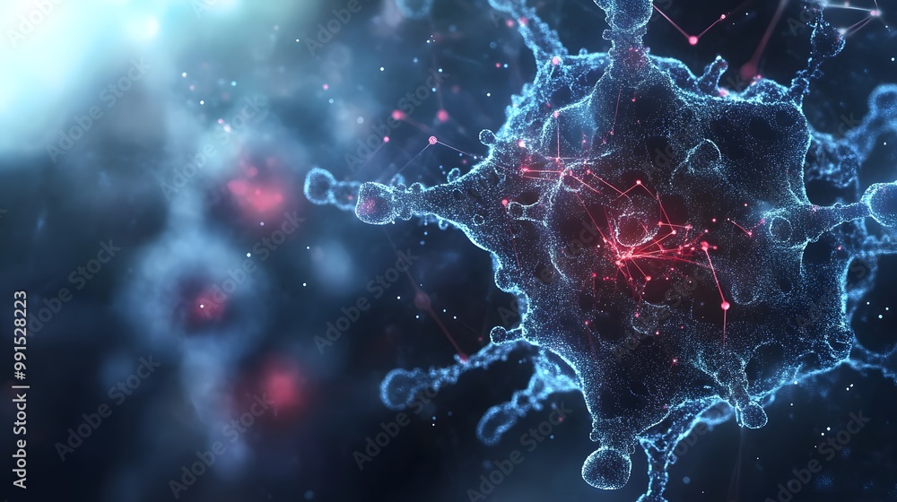 Poster abstract representation of a virus with glowing particles and connecting lines