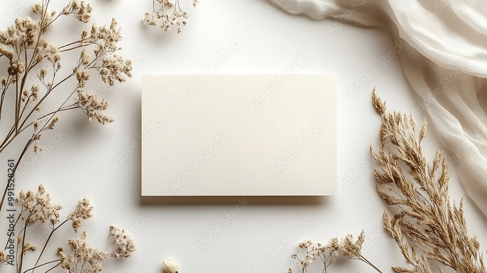 Poster boho business card mockup template empty stationery card with dry plants flower and boho decor on a 